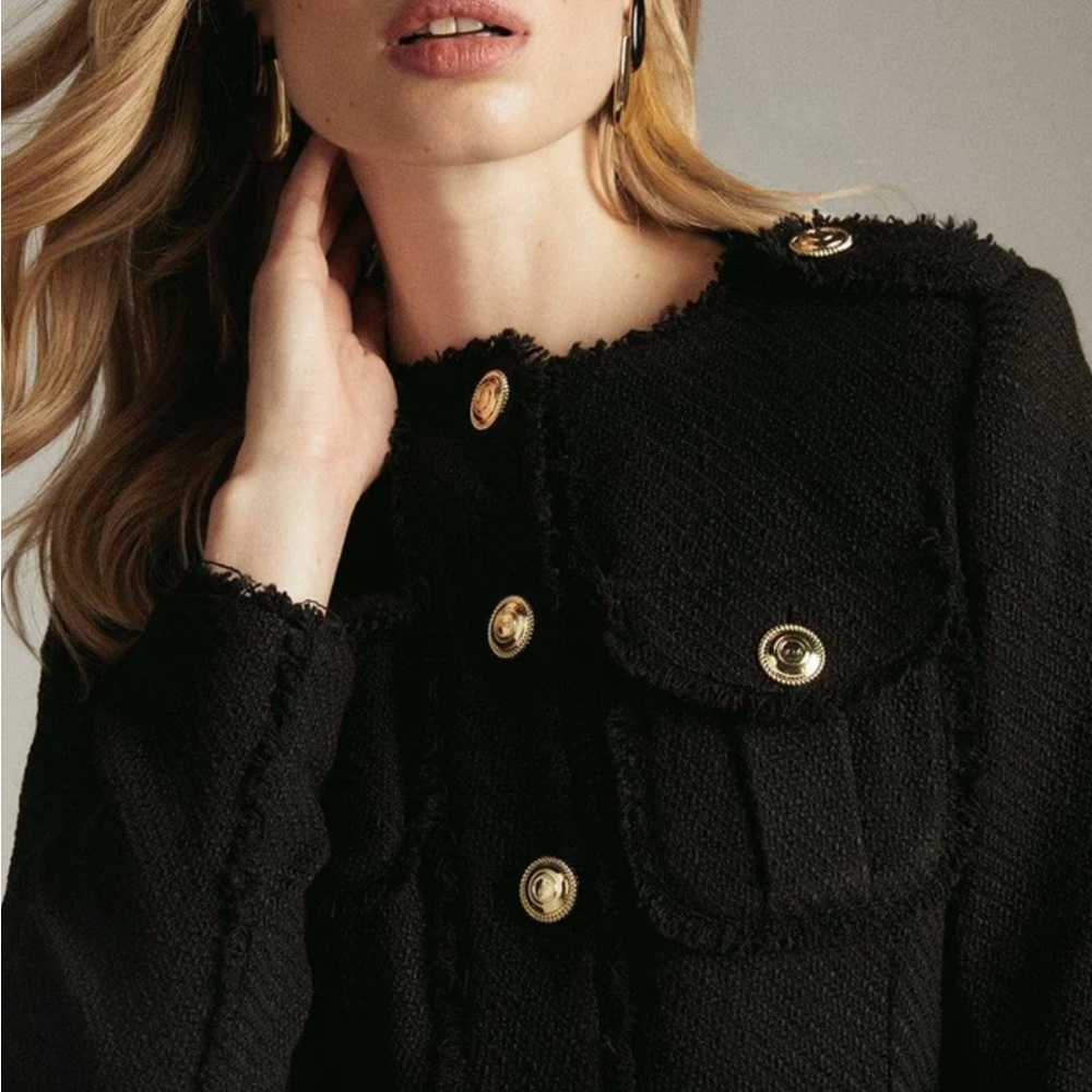 Frayed Edged Textured Boucle Military Jacket